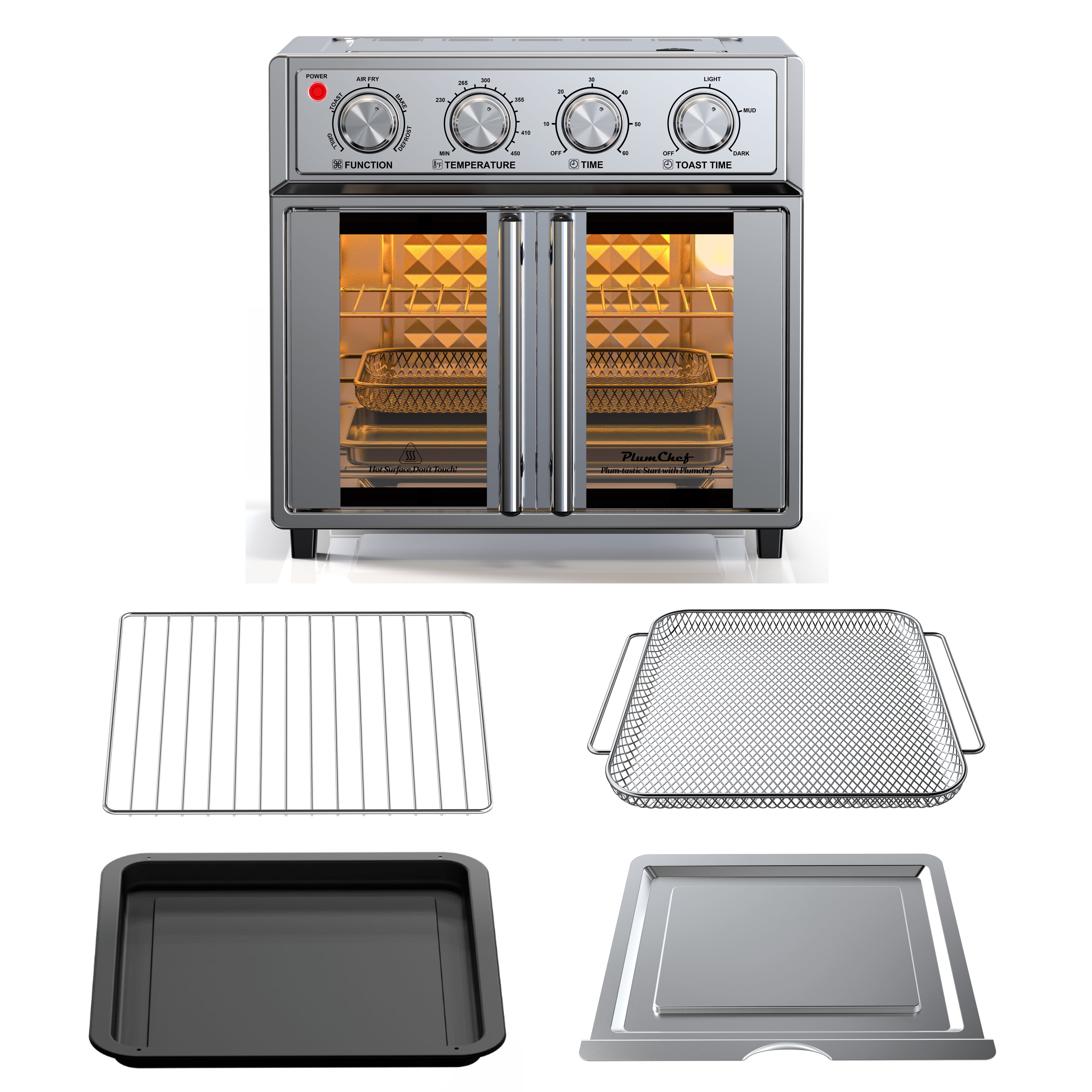 26QT Extra-Large French Double-Door Air Fryer Convection Toaster Oven, 1700W, 7 Preset Menus, 7-in-1 Multi-Function for Bake, Roast, Grilling,Toast,Dehydrate& Defrost, Stainless Steel,silvery