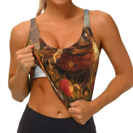 Qokaie Cat Dog Friendship Pattern Womens Scoop Neck Sports Bra Breathable Workout Vest Padded U Back Medium Impact Fitness Gym Yoga Bra Workout Crop Top