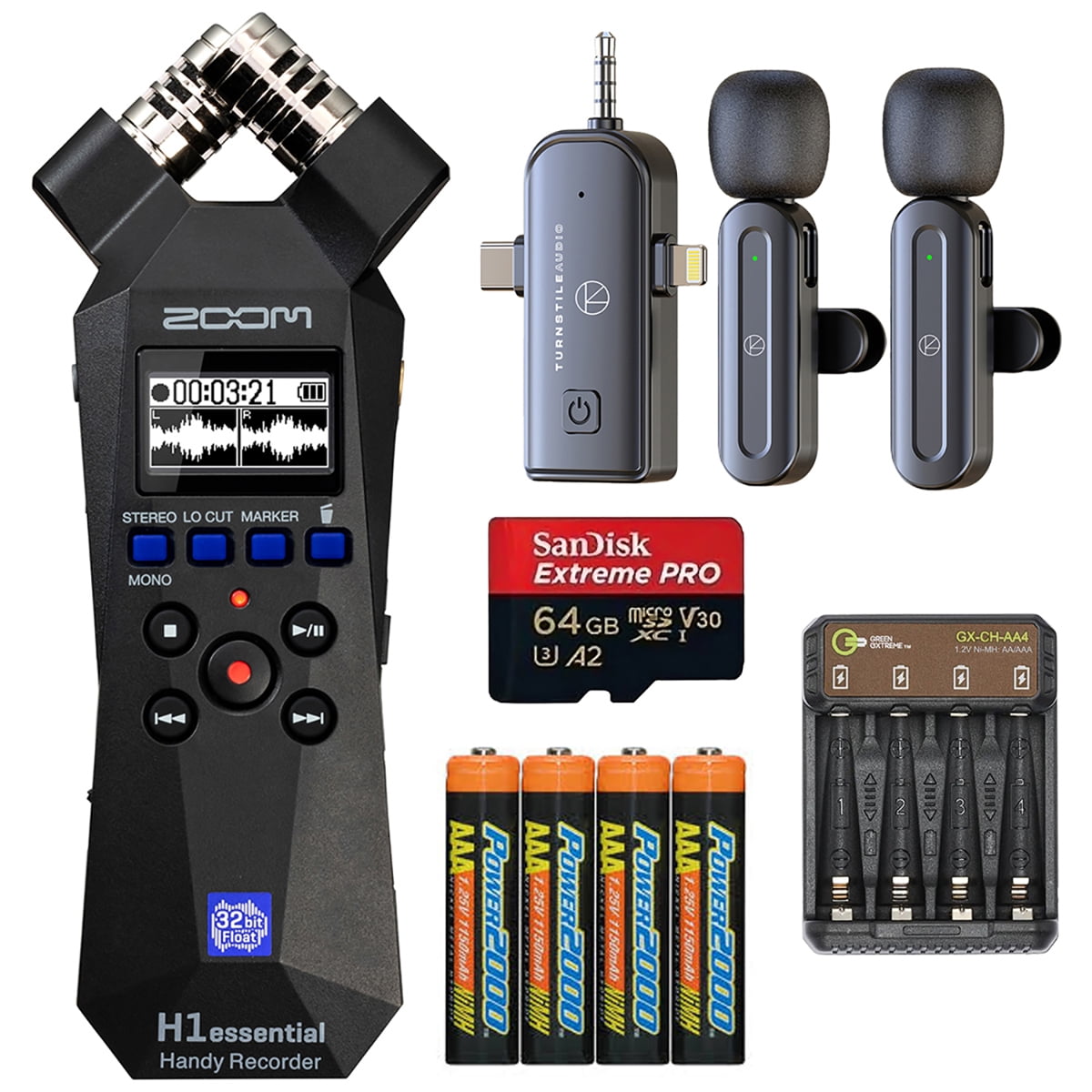 Zoom H1essential 2-Track 32-Bit Float Handy Recorder, Bundle with 3-in-1 Wireless Lavalier Mic, 64GB microSDXC Memory Card, 4x AAA Ni-MH Battery, 4-Bay Charger