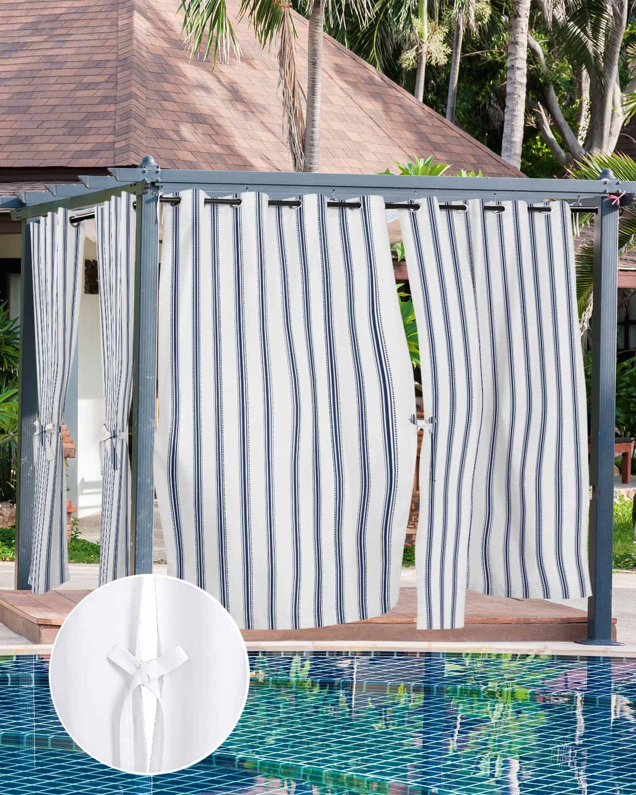 Navy Blue Striped Outdoor Curtains for Patio, Navy Blue White Stripes Farmhouse Privacy Drapes Grommet Waterproof Outside Curtains for Porch/Cabana/Balcony 54"x 84", 2 Panel
