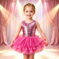 thumbnail image 2 of WhouRiu Girls Sleeveless Mesh Tutu Dress Fashion Graphic Crew Neck Tiered Ruffle Dresses Kids Comfortable Cute Ballet Dance Sundress,3-4 Years, 2 of 9