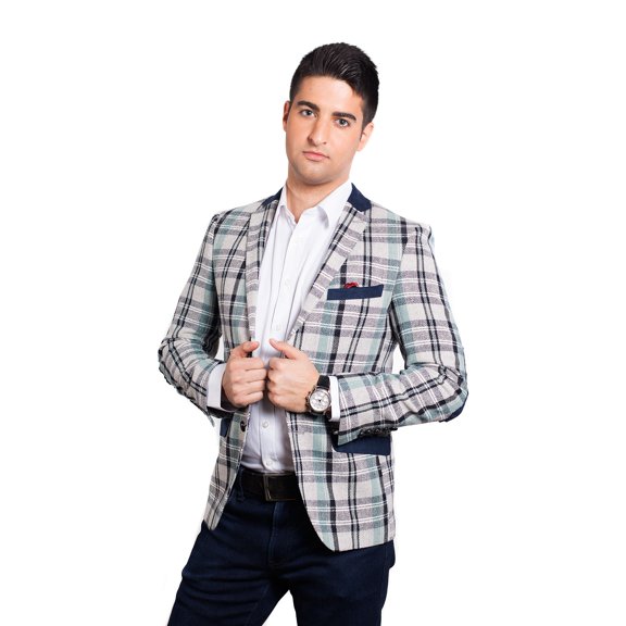 Elie Balleh Navy Wild Plaid Men Blazers Sports Coat Jacket
