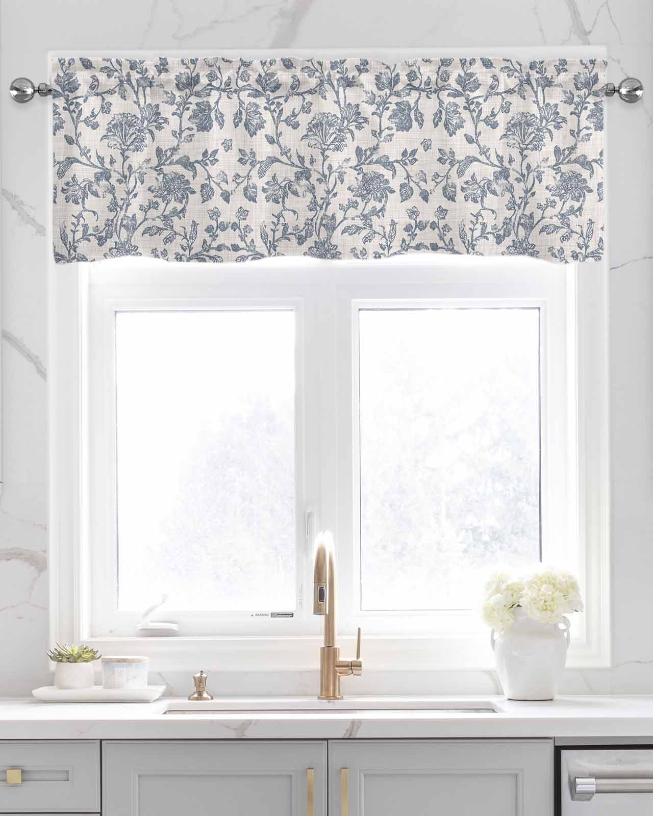 Blue Floral Kitchen Valances for Windows Farmhouse Linen Window Valance Curtain for Living Room Window Treatment Farmhouse Vintage Flower Leaf Botanical Valance Rod Pocket Topper Drape, 42 x 12 Inch