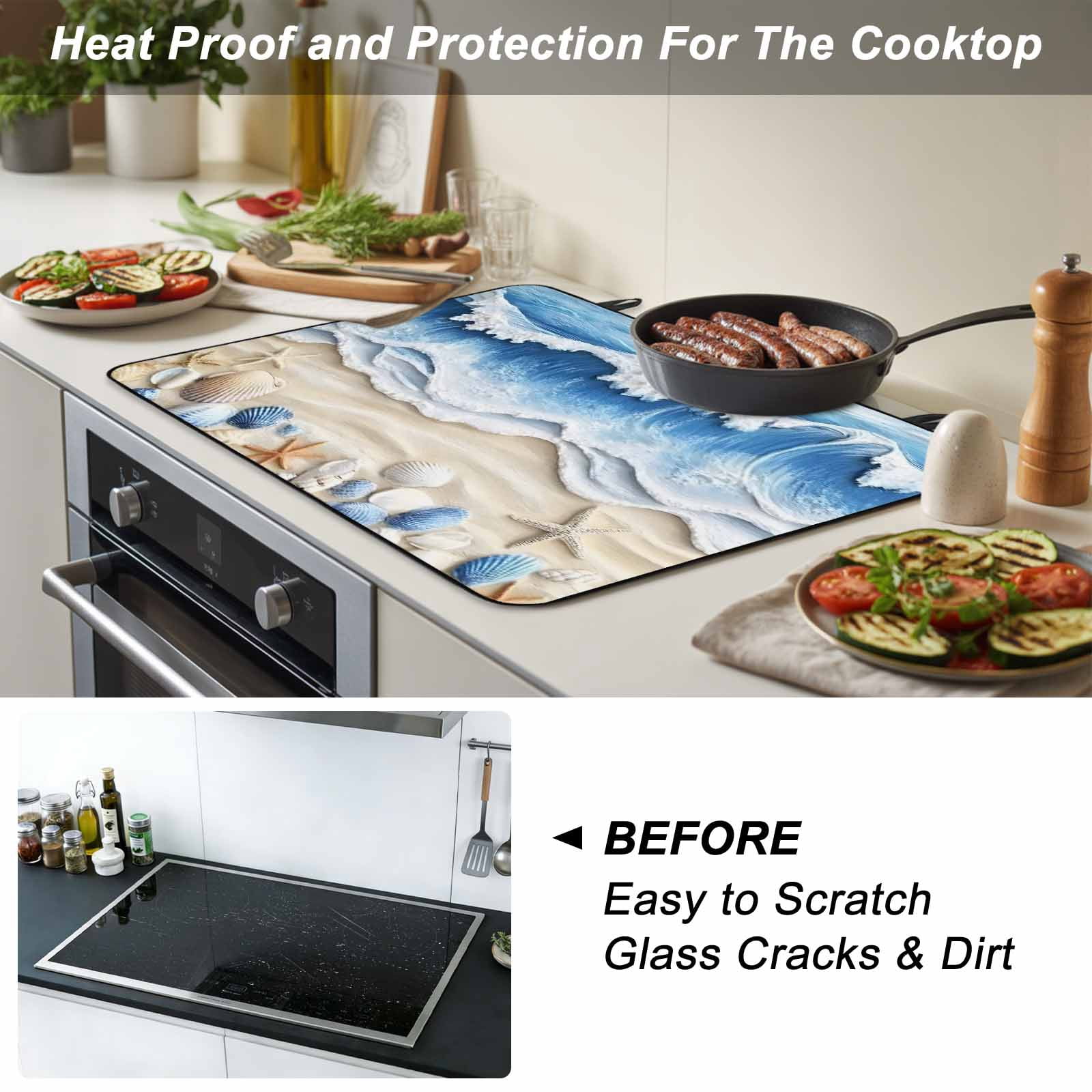 Coastal Blue Stove Top Cover for Electric Stove, Heat-proof & Non Slip Glass Top Stove Cover Protector, Starfish Beach Ocean Shell Sand Painting Kitchen Flat Cooktop Rubber Mat 24x21 Inches