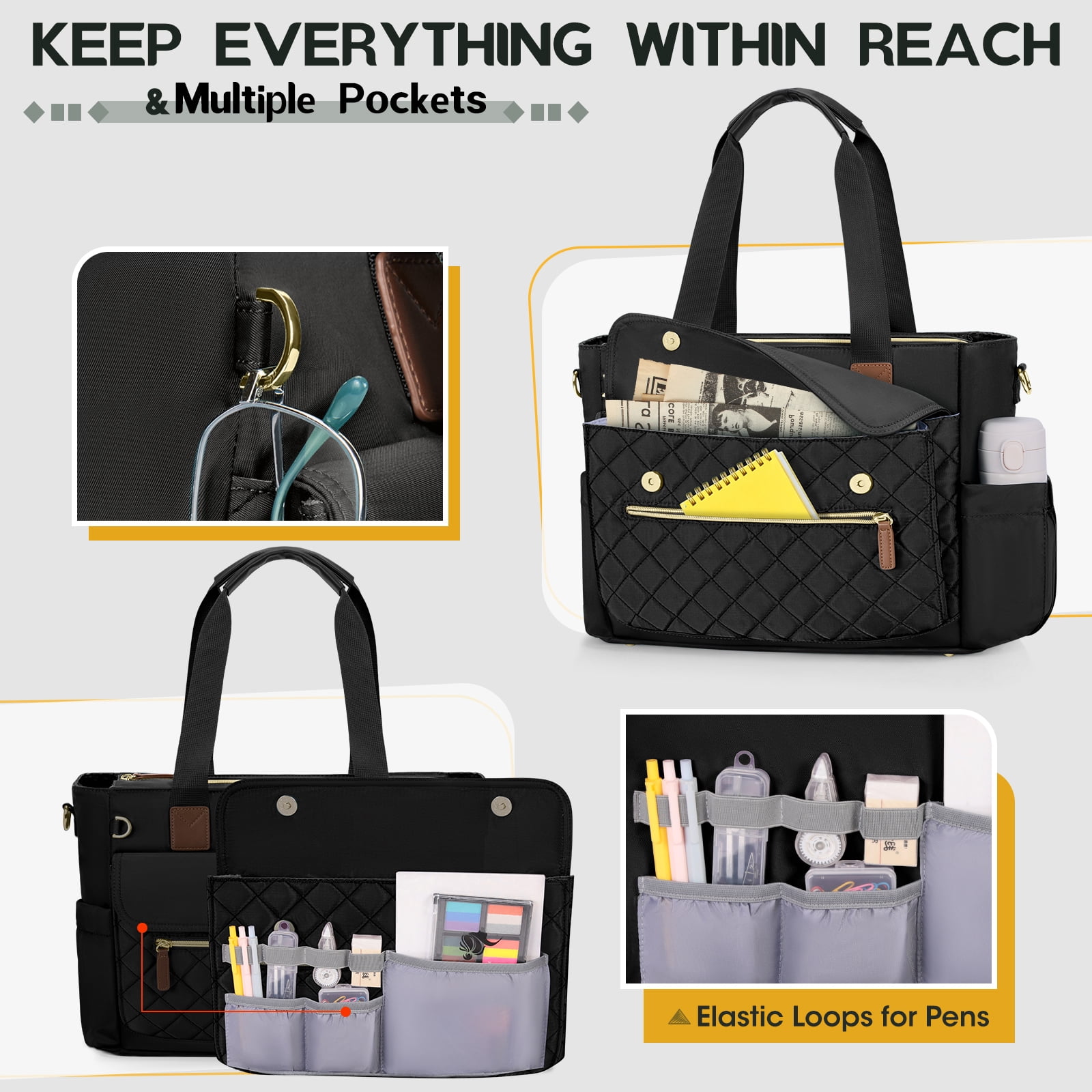 RAINSMORE Teacher Tote Bag 15.6 inch Laptop Bag for Women with Small Bag Professional Work Tote Bags Nurse Bag Computer Briefcase,Black