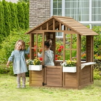 Outsunny Kids Wooden Playhouse, Outdoor Garden Games Cottage with Flowers Pot Holder, Working Door, Windows, 47" x 38" x 54", Brown