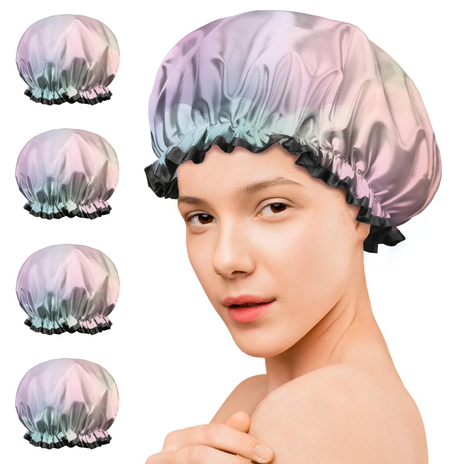Shower Caps,Dreamy Pastel Sky Waterproof Shower Cap for Women 4 Pieces,Double Reusable Hair Cover for Shower PEVA Elastic Stretch Hem