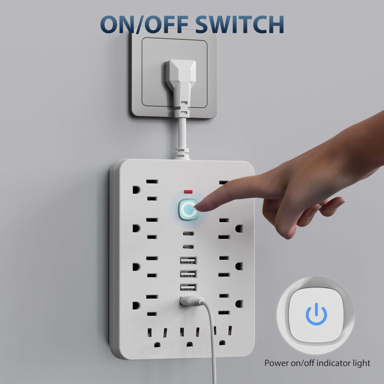 Surge Protector Power Strip, Chiefway Extension Cord with 11 AC Outlets, 6 USB Ports (2 USBC) & One-Touch Switch, Suitable for Office Home Travel Dorm(Black)