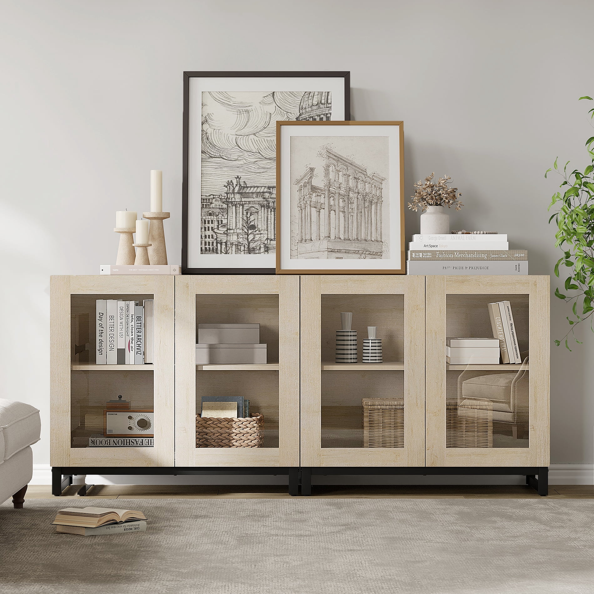 WAMPAT 2 in 1 Multifunctional Sideboard Buffet Cabinets with 4 Glass Doors, Modern Sideboard Credenza with Adjustable Shelf, Coffee Bar Storage Cabinet for Living Room, Kitchen, Beige