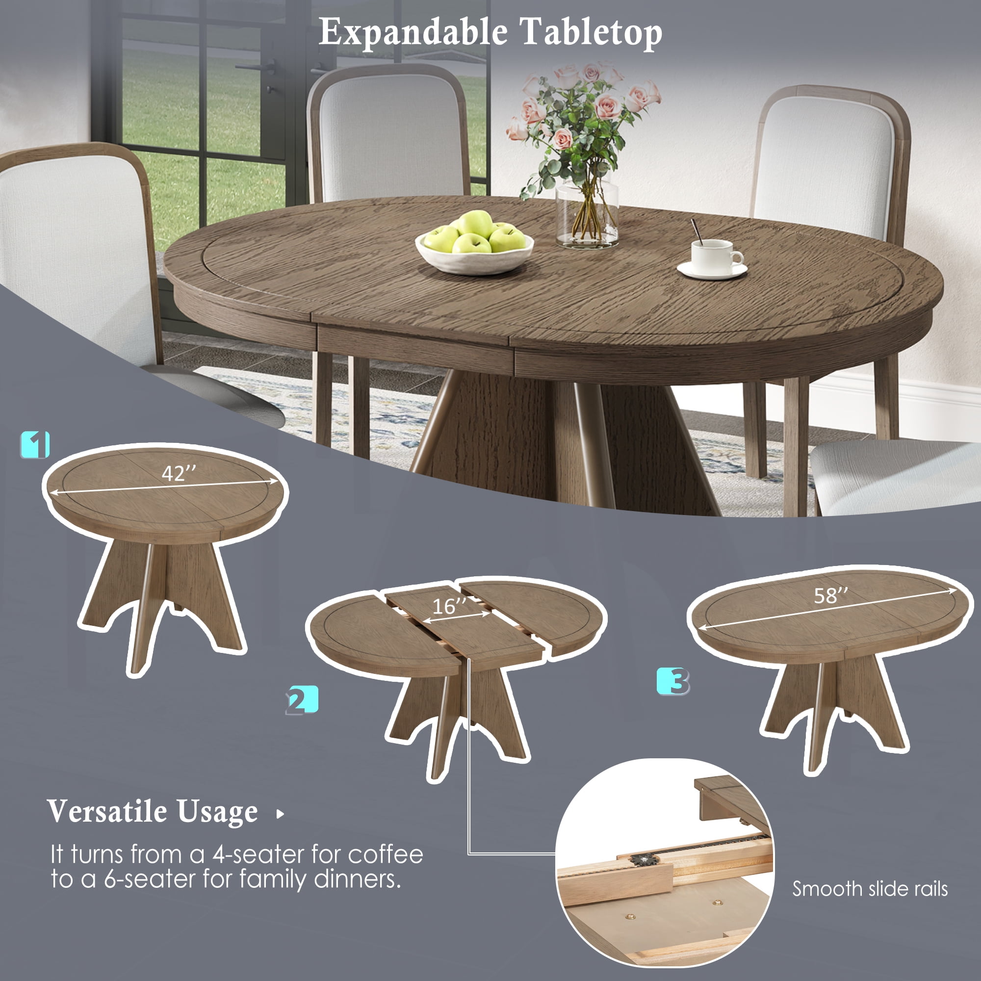 Euroco Round Dining Table Set for 4-6, 42in-58in Extendable Kitchen Table Set with 4 Upholstered Chairs and Crossed Legs, 5 Piece Wood Oval Dining Set for Small Space,Espresso