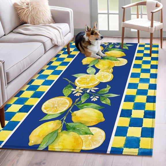 Rectangle Area Rugs 4 x 6 Ft, Watercolor Lemon Non-Slip Residential Carpet, Navy Blue Yellow Buffalo Plaid Summer Indoor Crawling Mats Runner Rugs for Living Room/Dining Room/Bedroom