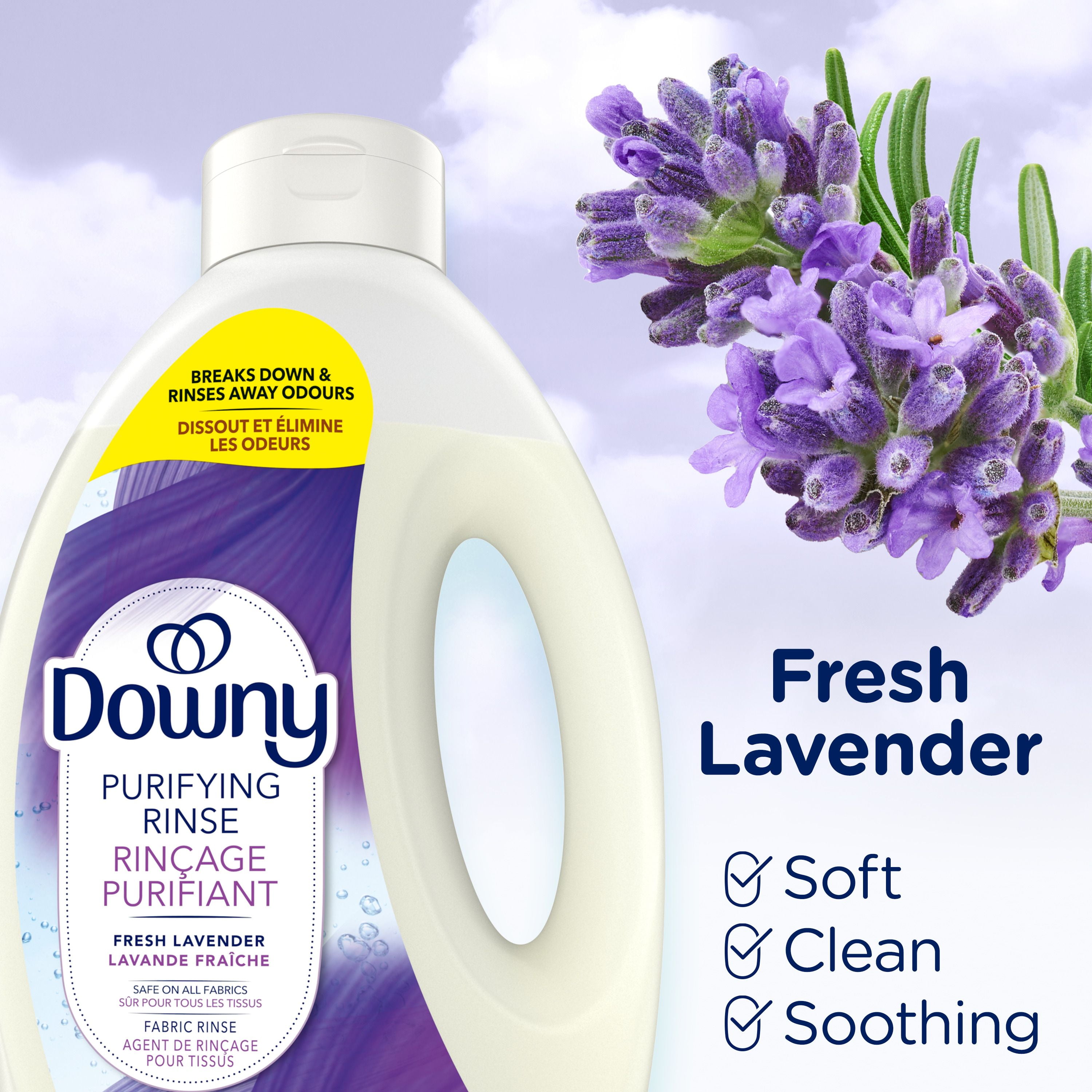 Agent de rinçage purifiant éliminateur d’odeurs pour lessive Downy, parfum Lavande fraîche, assouplissant textile et agent de rinçage éliminateur d’odeurs 1.8 L
