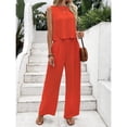 thumbnail image 3 of SWSMCLT Women's Billowy Matching Set Bow Casual Breathable Chic Crew Neck Pantsuit Business Casual Matching Outfit Orange 18, 3 of 4