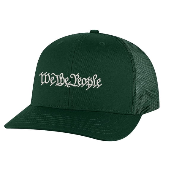 We The People Trucker Hat – Embroidered Silver Thread | Patriotic Snapback Cap with Mesh Back for Freedom Lovers (AlpineGreen)