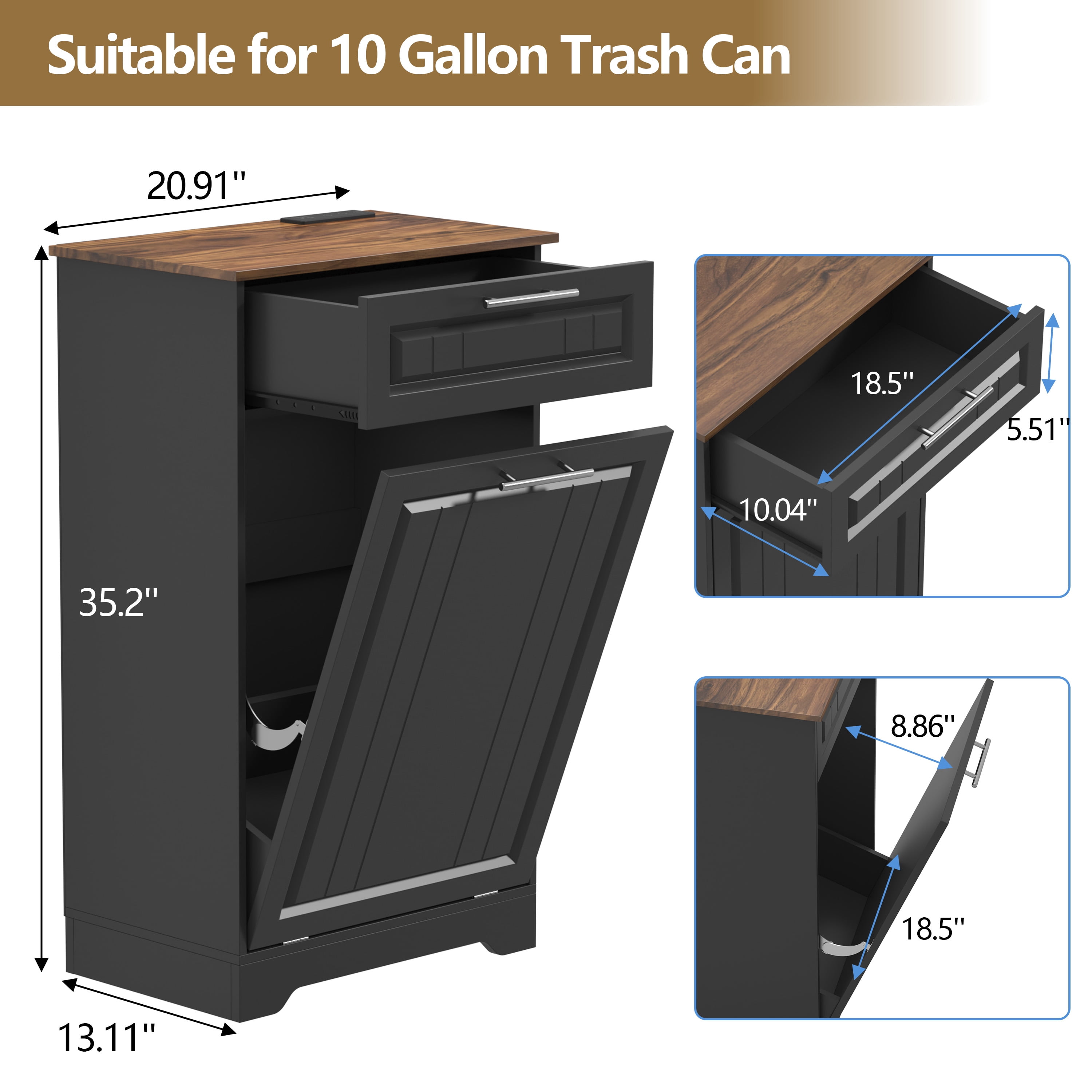 Single 10 Gallon Tilt Out Trash Can Cabinet with Deodorizing Function, Wooden Hidden Garbage Can Holder with Storage Drawers for Kitchen and Dining Room, Laundry Hamper Cabinet for Bathroom, Black