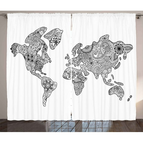 Ambesonne World Map Curtains 2 Panel Set, Floral Continents, 108" x 63", Black White