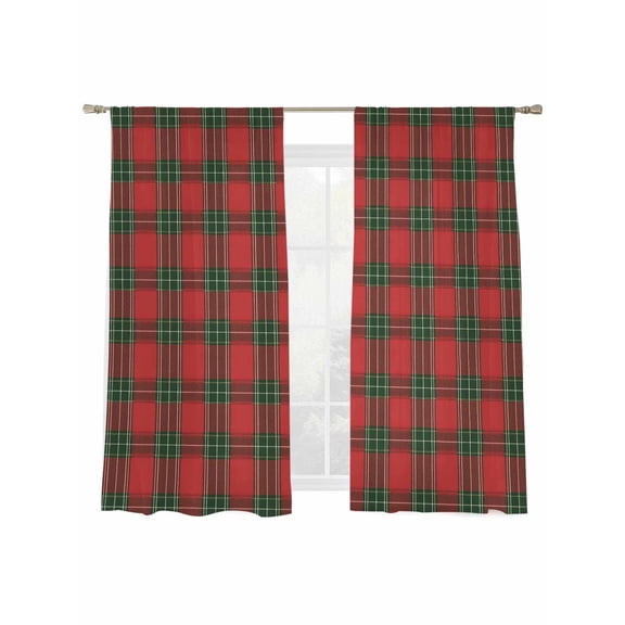 Christmas Sheer Curtains 72 inches Long, Red Green Plaid Vintage Texture Light Filtering Sheer Window Curtains Rod Pocket Voile Drapes for Bedroom Living Room, 2 Panels 52"W x 72"L