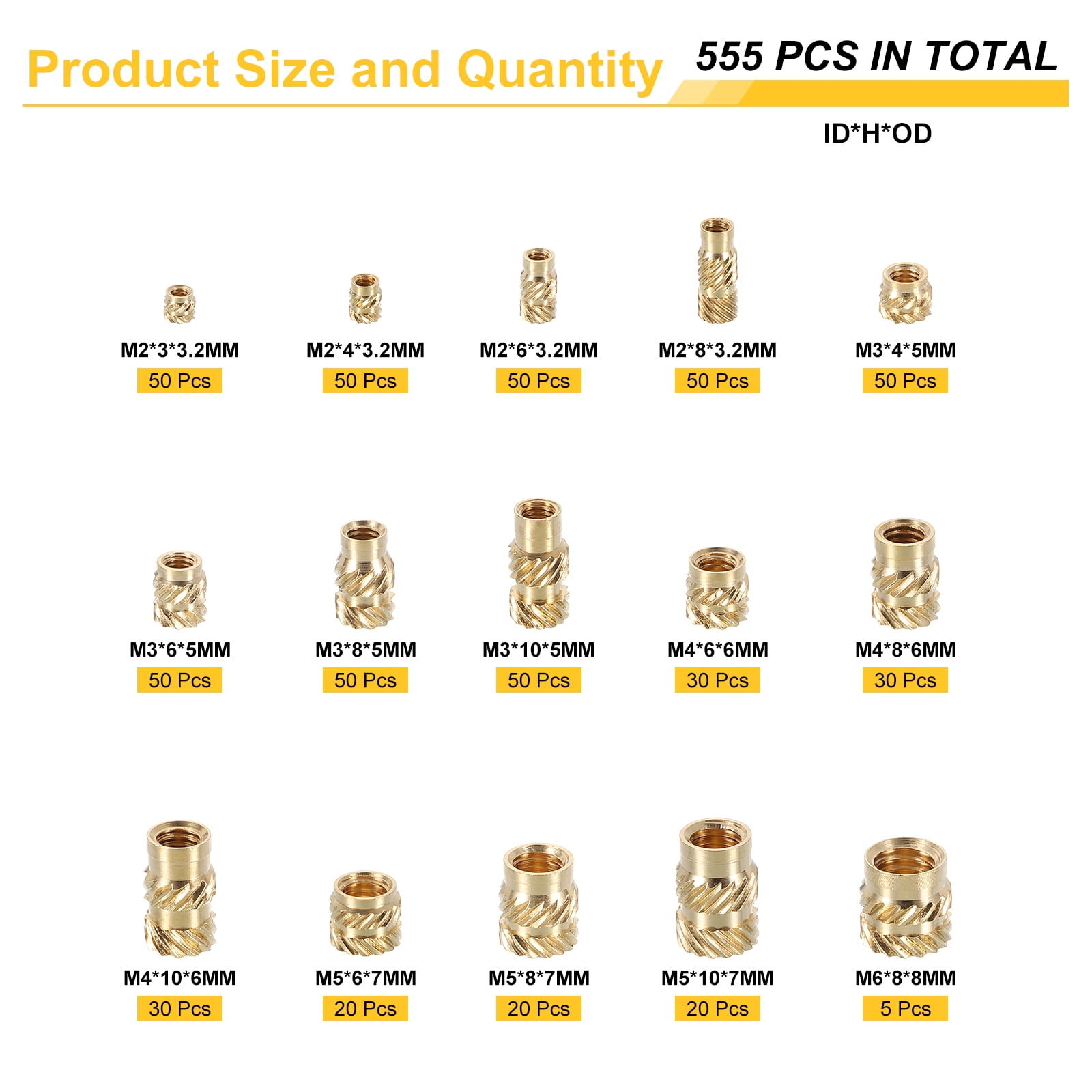 Uxcell 555pcs M2 M3 M4 M5 M6 Metric Threaded Inserts Brass Heat Set Insert Knurled Nuts Assortment Kit, 3D Printing Brass Nuts Female Threaded Inserts Nuts with Heat Set Insert Tips