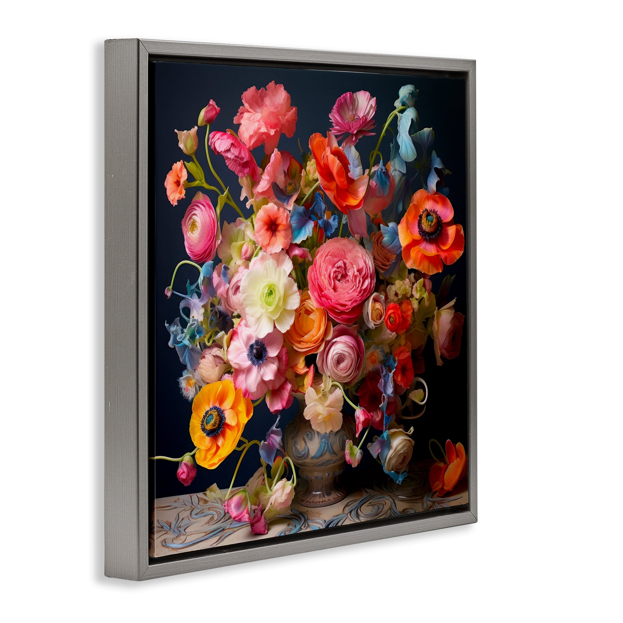 Stupell Industries Mixed Full Bouquet Botanical & Floral Painting Gray Floater Framed Art Print Wall Art, 18 x 18