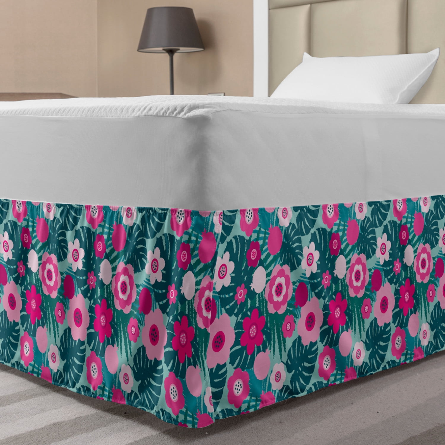 Floral Bed Skirt, Pattern of Monstera Leaf Pink Flowers Tropical