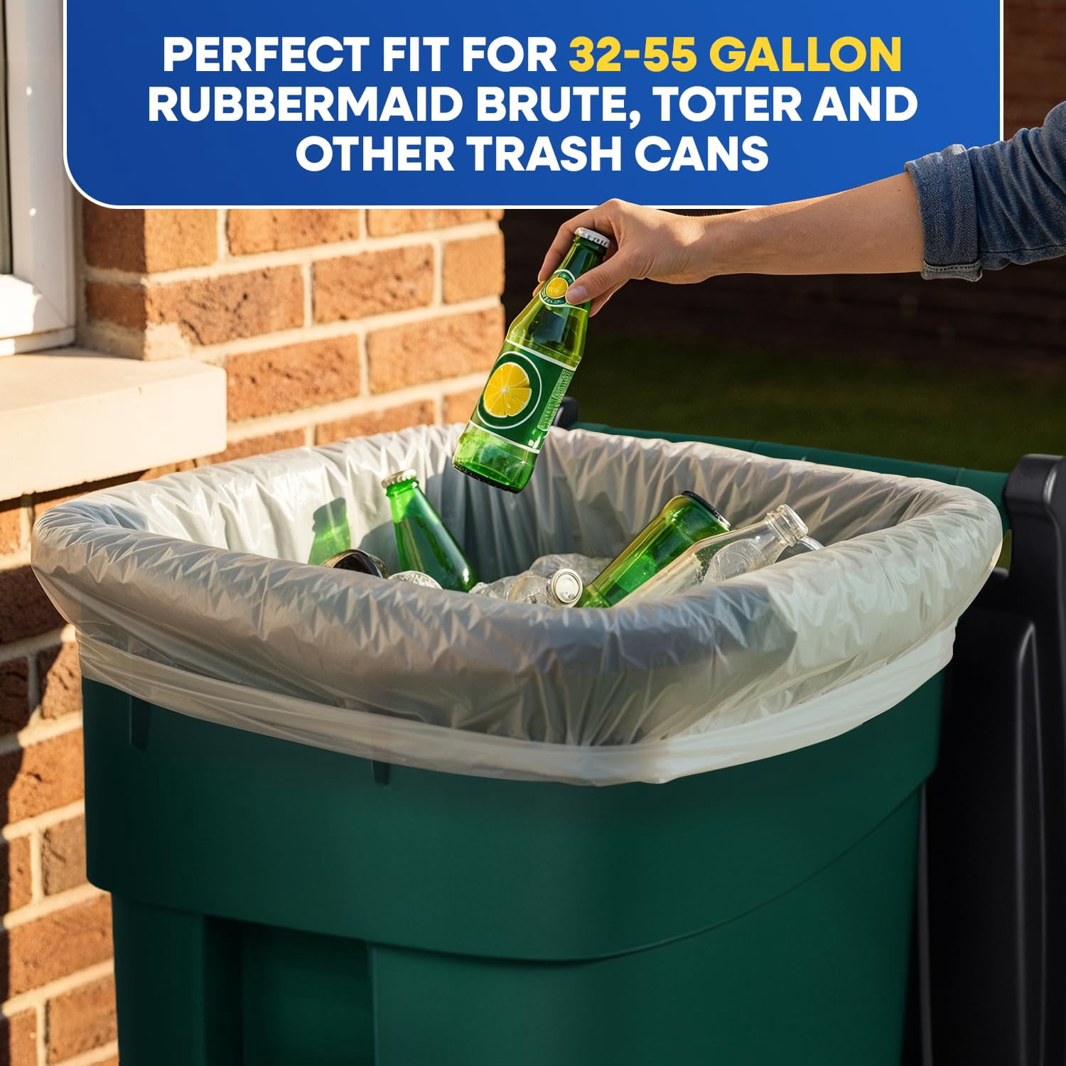(100 Pack) 55-60 Gallon Trash Bags, 2 Mil, Heavy Duty, Fit Rubbermaid Brute Rollout, Round and Square 32-55 gal Trash Cans, 43" x 47" Large Durable Garbage Trash Can Liners, Bulk (2 Mil Clear)