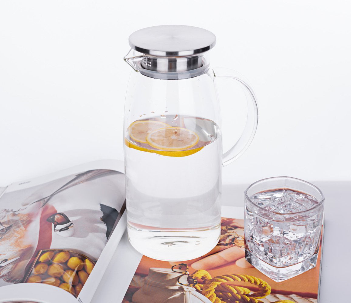 JoyJolt Beverage Serveware Glass Pitcher with Handle & 2 Lids - 60 oz  Carafe for Hot Liquids or Cold Drinks