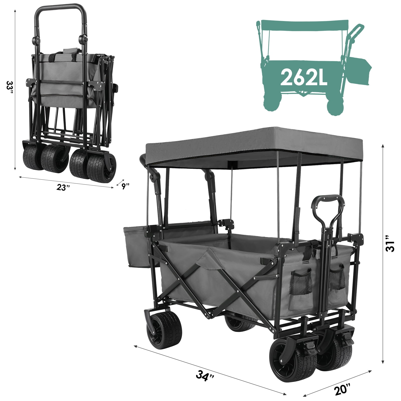 Pirecart Collapsible Wagon Cart, Outdoor Foldable Utility Beach Wagon with Removable Canopy, Cup Holder, Gray