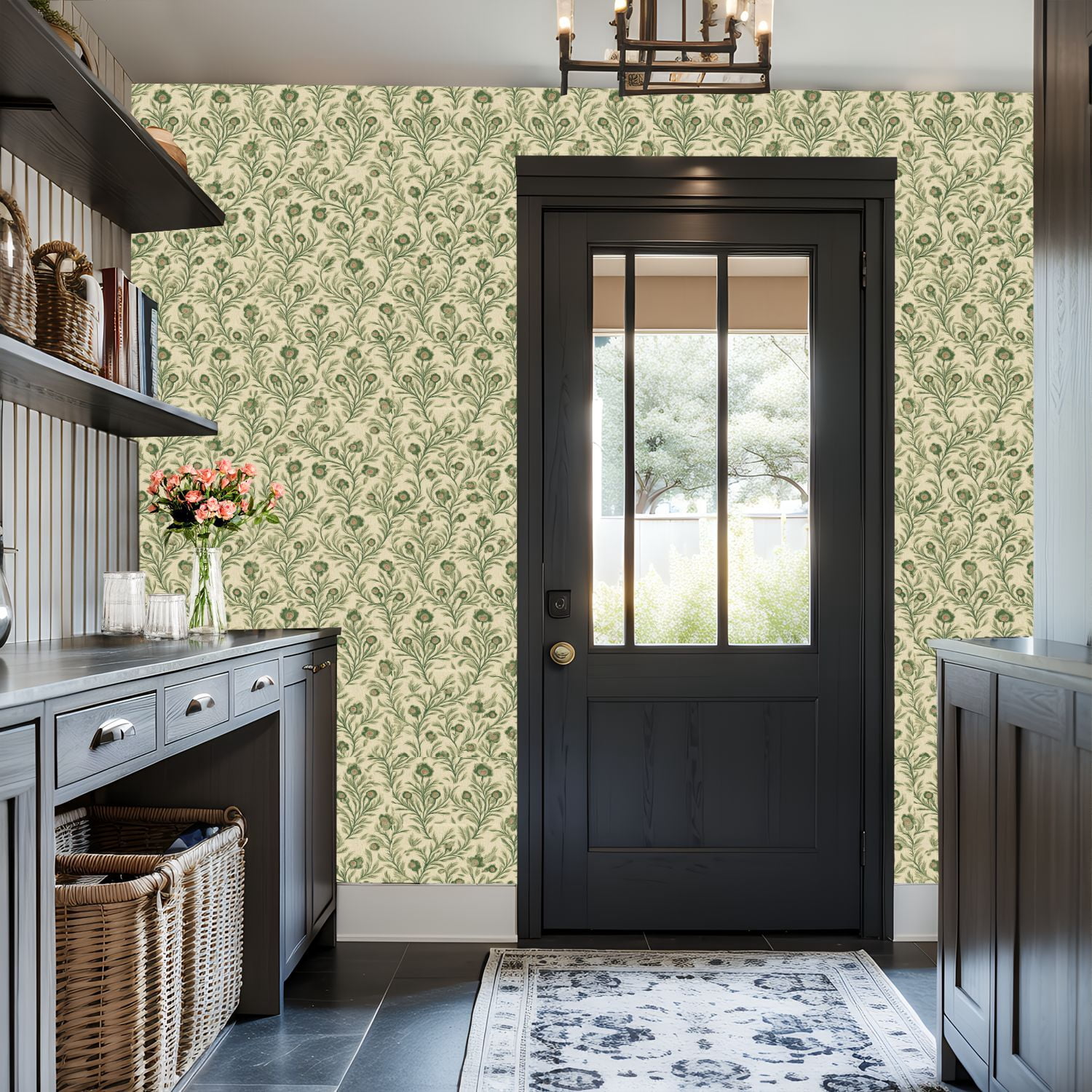 Sage Green Peel and Stick Wallpaper Vintage Floral Green Pink Flowers Beige Wall Mural 17.7in x 9.8ft Self Adhesive Removable Wall Paper Renter Friendly Wallpaper for Girls Bedroom