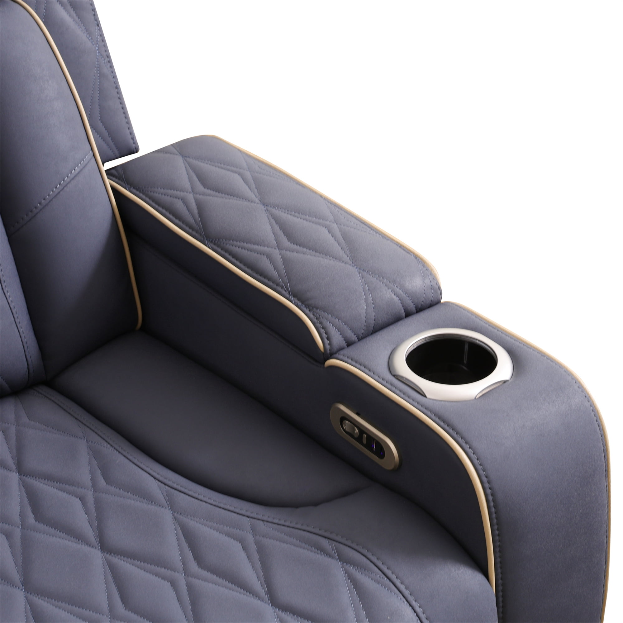 Aukfa Power Recliner RV Sofa with USB, Cup Holders & LED Lighting, Storage Arm, Home Theater Seating for Living Room, PU Leather, Blue Gray