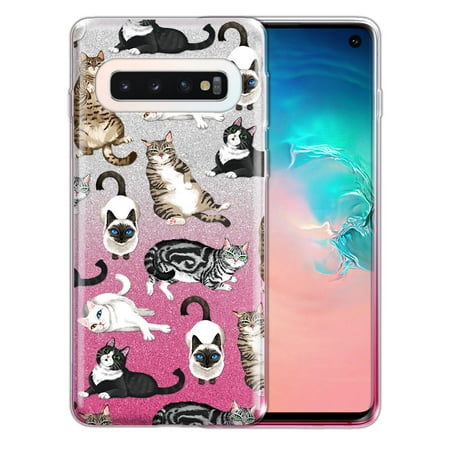 FINCIBO Silver Pink Gradient Glitter Case, Sparkle Bling TPU Cover for Samsung Galaxy S10 G973, Lazy