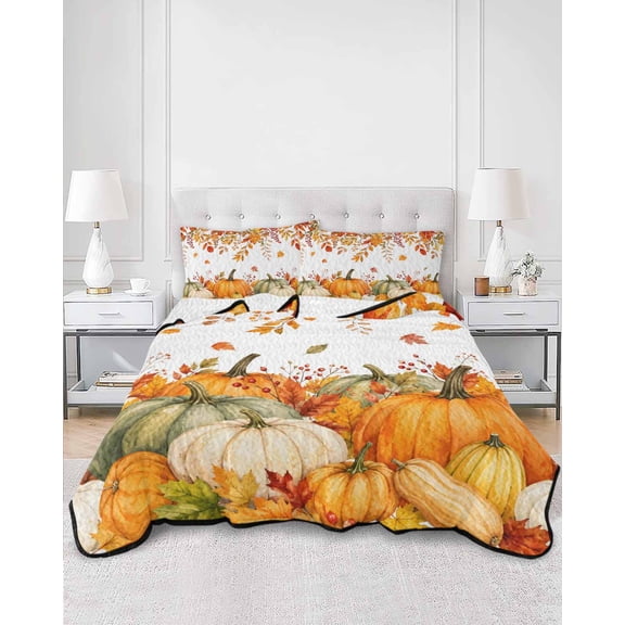 Quilts Twin XL Size, Thanksgiving Soft Comforter Bedding Set for Bed, Fall Orange Green Pumpkin Berry Maple Leaves Lightweight Quilted Bedspread with Pillow Cover(2 Pieces) for All Season, 68x98 Inch