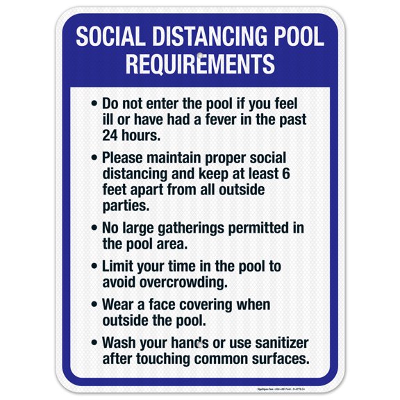 Social Distancing Pool Requirements Sign, Pool Sign, 24x30 Reflective Aluminum