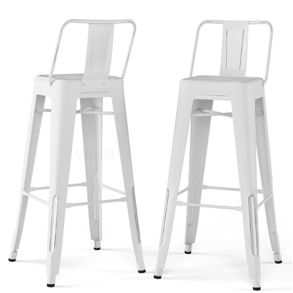 Set of 2 White Metal Kitchen Bar Stools with Backrest, Industrial Counter Height Stools