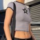 thumbnail image 3 of Blusa de manga corta con patrón en forma de estrella, blusa corta y ajustada a la moda para mujer, dama, citas, gris, M, 3 of 6