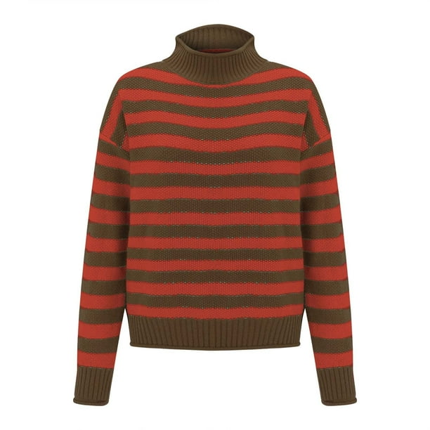 Suéteres Prolriy para mujer, suéter de cuello alto medio con contraste de rayas retro para mujer, suéter holgado informal de fondo, suéteres para mujer, tops para mujer color caqui