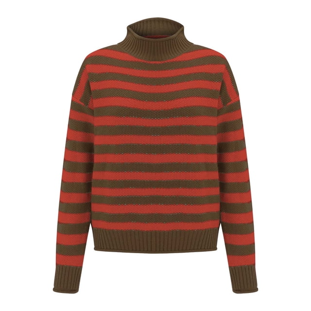 Suéteres Prolriy para mujer, suéter de cuello alto medio con contraste de rayas retro para mujer, suéter holgado informal de fondo, suéteres para mujer, tops para mujer color caqui