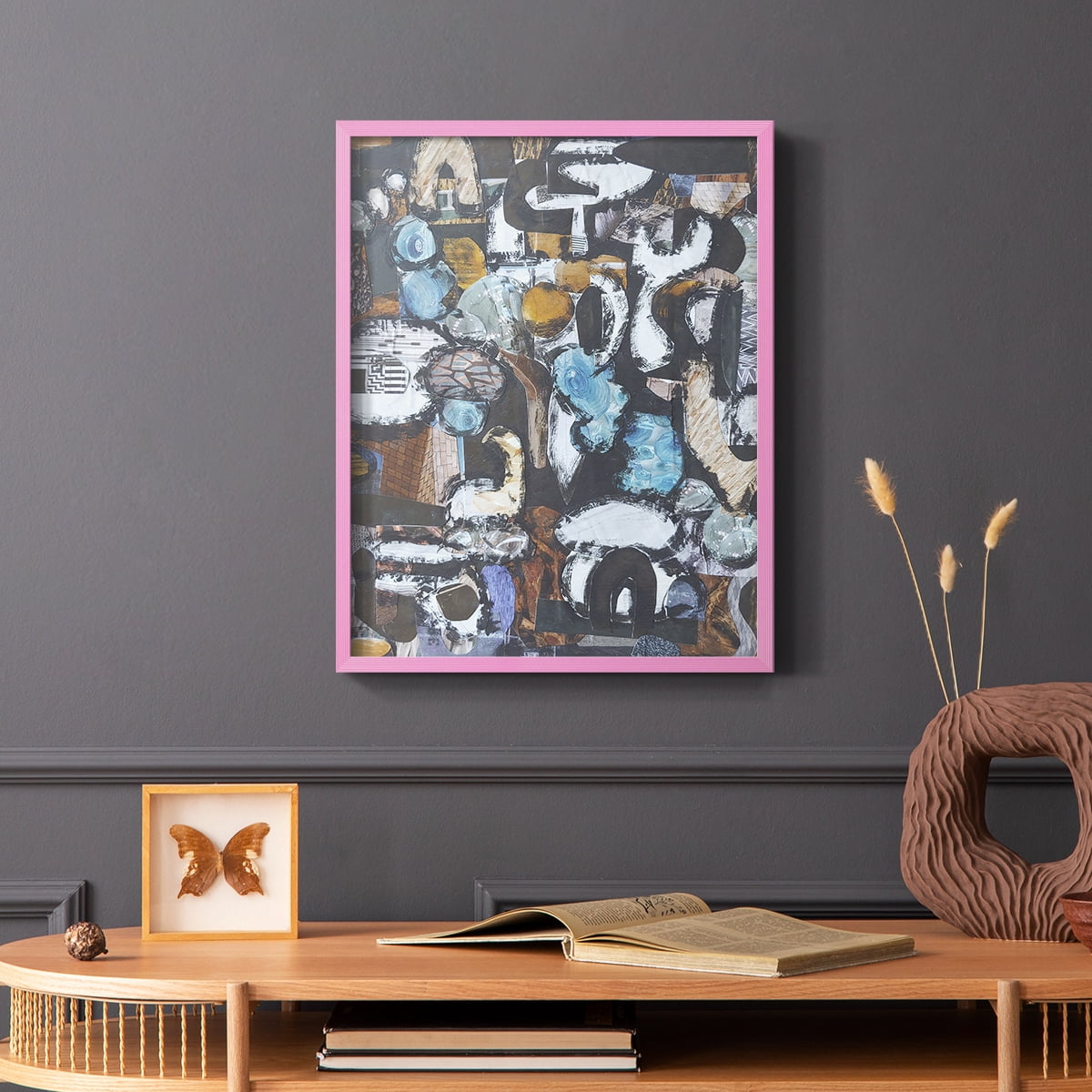 California Beach Blue Glass Framed Print in Pink Solid Wood Framed Print No Nail Hanging
