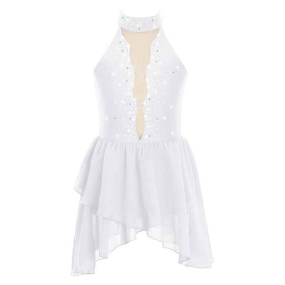 Miutii Kids Girls Lyrical Figure Ice Skating Dress Rhinestone Sleeveless Skirts Leotards Dress Ballet Dancewear White 8