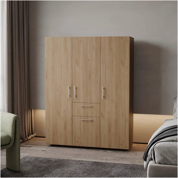 JERFIT 4-Door Armoire Wardrobe Closet with Hanging Rods, Drawer & Shelves for Bedroom Storage, Natural Oak Finish