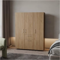 JERFIT 4-Door Armoire Wardrobe Closet with Hanging Rods, Drawer & Shelves for Bedroom Storage, Natural Oak Finish