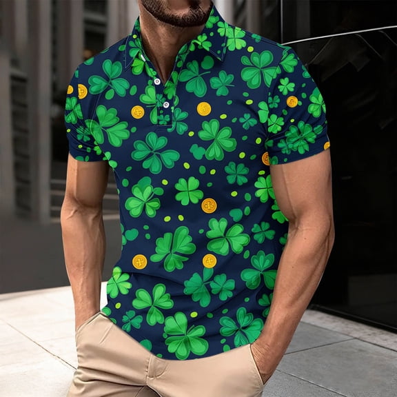 Handshe Men's St.Patrick's Day Print Shirt, Short Sleeve Button-Up Collar for Holiday Celebration and Casual Wear