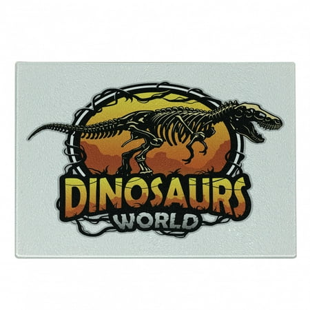 

Dinosaur Cutting Board Dinosaurs World Emblem with Tyrannosaur Skeleton Dead Scary Beast Fossil Decorative Tempered Glass Cutting and Serving Board Small Size Orange Yellow Grey by Ambesonne