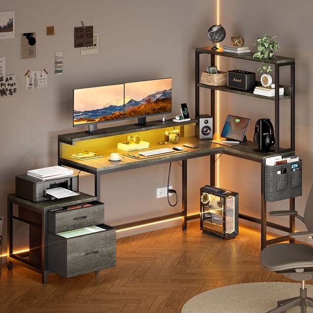GUNAITO 71 inch Computer Desk L Shaped Gaming Desk with LED Light & Power Outlet Office Desk with File Drawers Cabinet,3-Tier Shelf,Storage Bag for Home Office,Grey