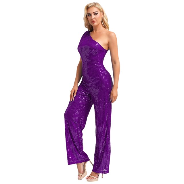 Xnihocha Combinaison Sans Manches pour Femmes une Épaule Robe de Soirée à Sequins Robe de Soirée Violette L