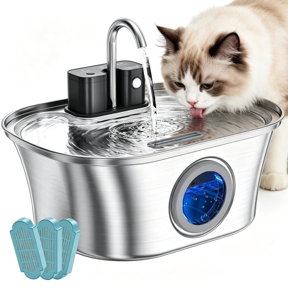 FURCLAN 108oz/3.2L Wireless Cat Water Fountain Stainless Steel, Pet Fountain, Battery Operated Cat Fountain, Automatic Pet Water Fountain for Cats and Dogs