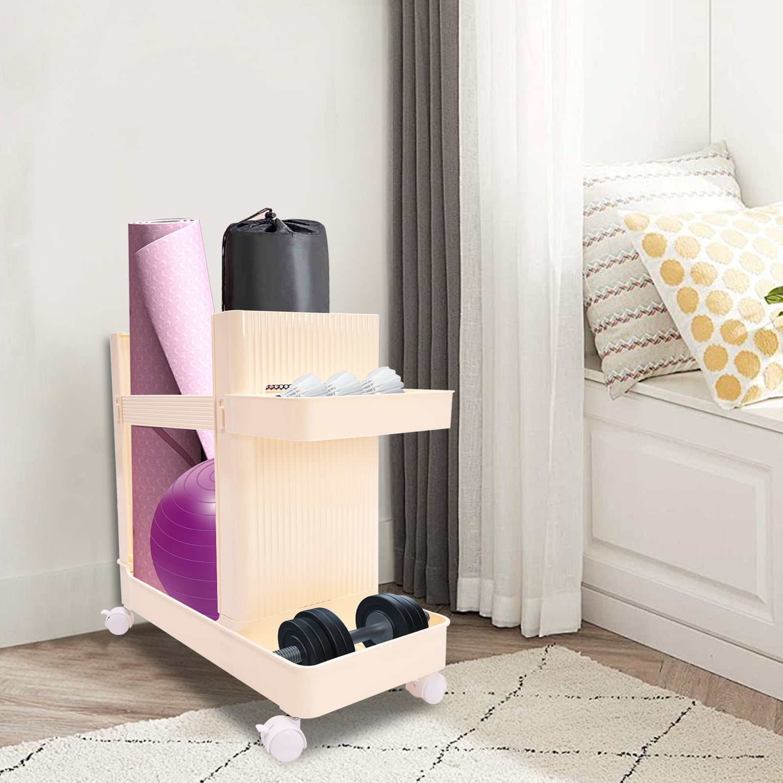 Multi-functional Storage Rack with 4 Universal Wheels for Homes, Gyms, Schools, Yoga Studios, and Other Places to Hold Badminton, Small Yoga Balls, Foam Rollers, Yoga Blocks, Dumbbells, and More