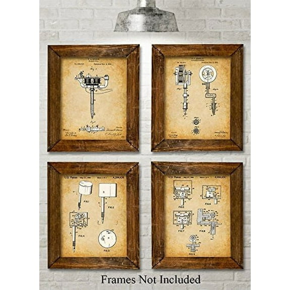 Original Tattoo Machine Patent Art Prints - Set of Four Photos (8x10) Unframed - Great Gift for Tattoo Artists, Parlors, Ink Fans