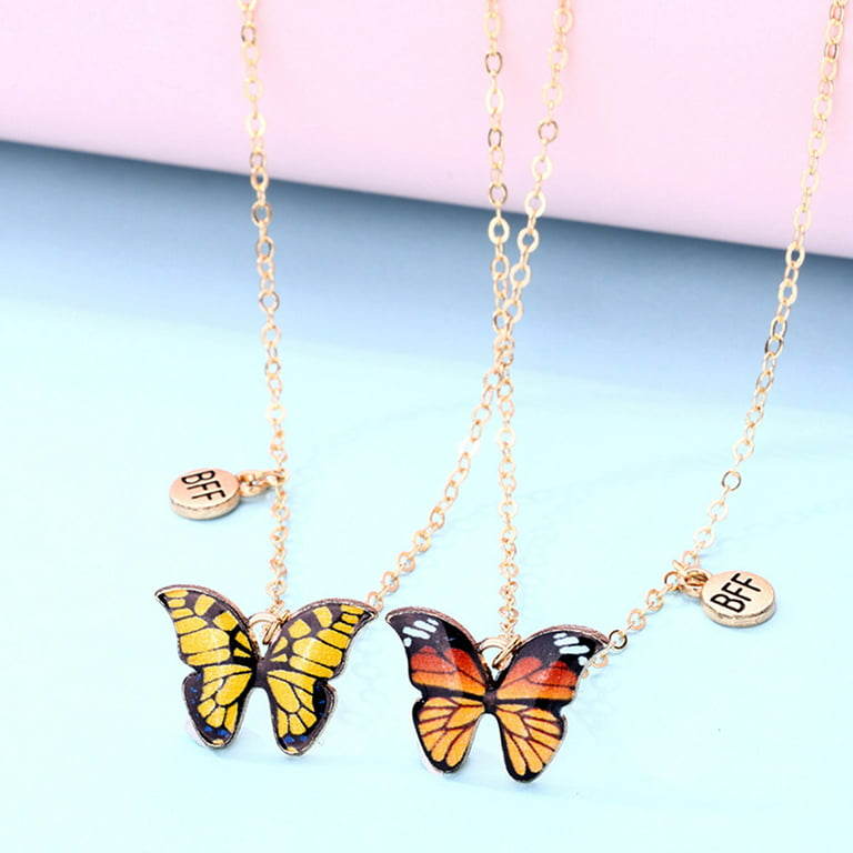 Best Friends BFF Pendant Necklaces, 2pc Set, Glow in The Dark Butterfly Confetti Vials