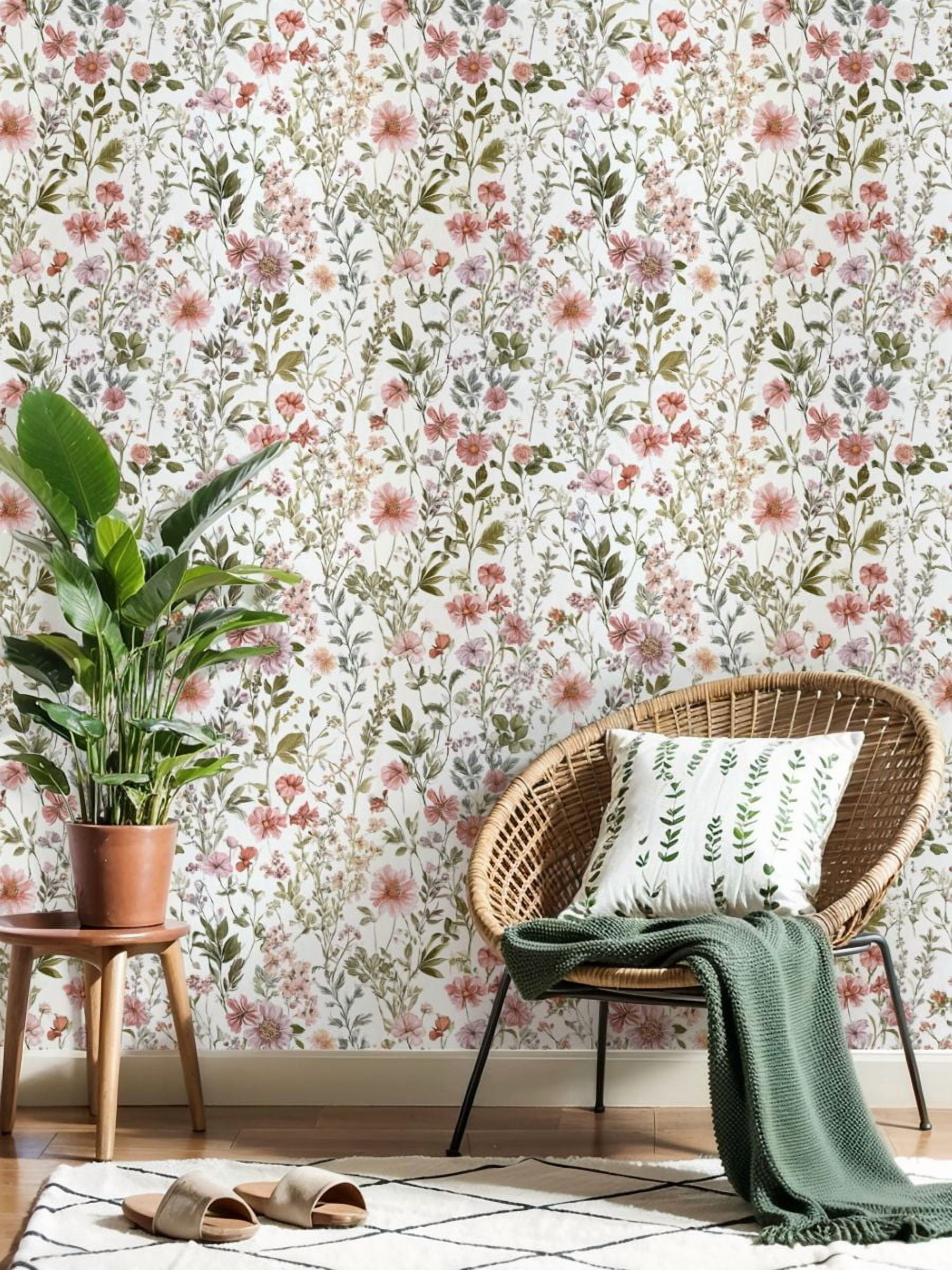 Peel and Stick Wallpaper Vintage Botanical Floral Soft Pink Green Hues Wall Mural 23.6in x 9.8ft Self Adhesive Removable Wall Paper Renter Friendly Wallpaper for Nursery Bedroom Cabinets
