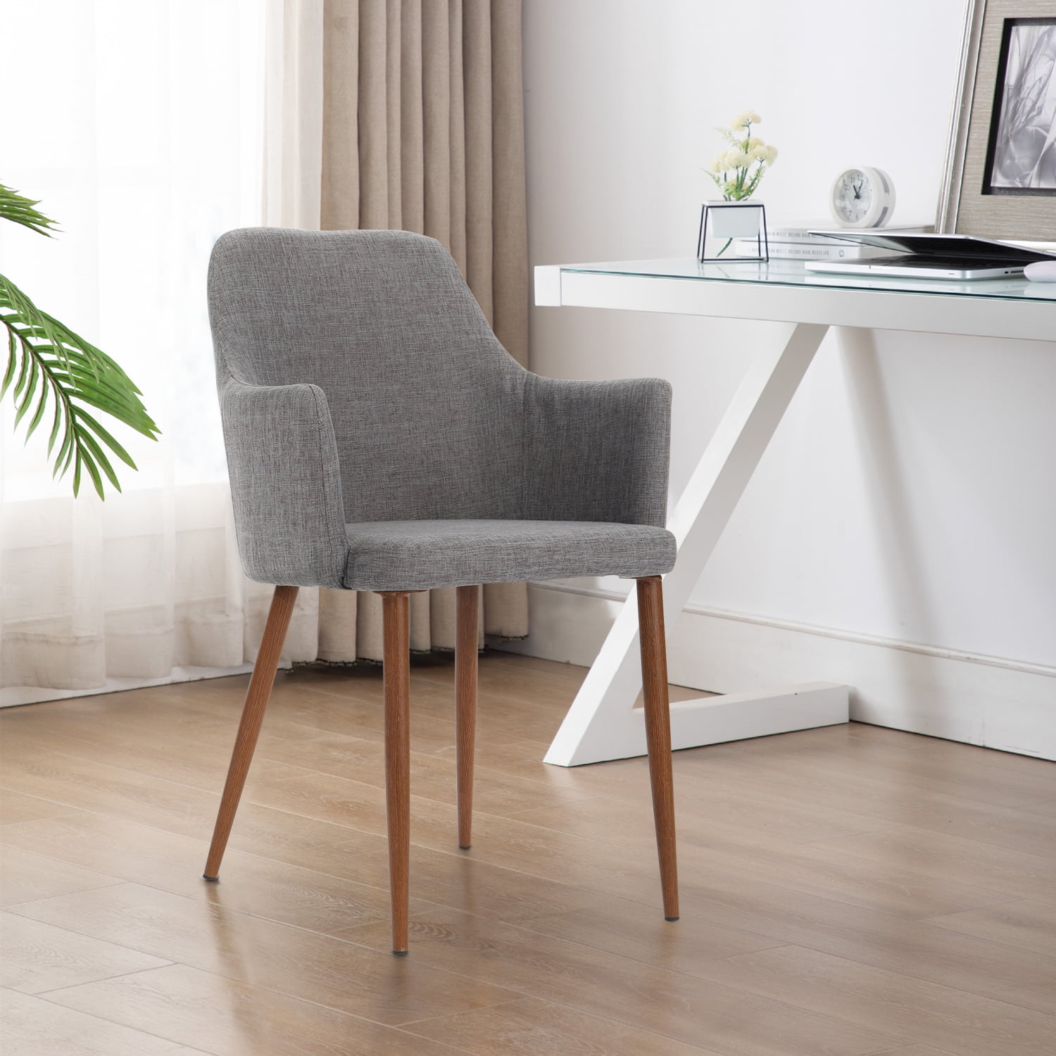 Kadyn Mid Century Modern Fabric Dining Chairs, Upholstered Dinner Chair with Wood Legs, Fabric Kitchen Chair for Dinning Room, Set of 2, Light Grey